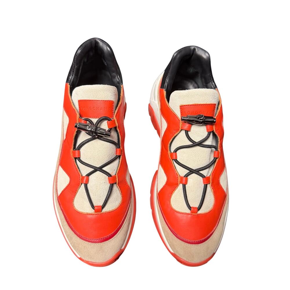 Longchamp Orange Red Tan Leather & Suede Sneakers - Picture 2 of 11